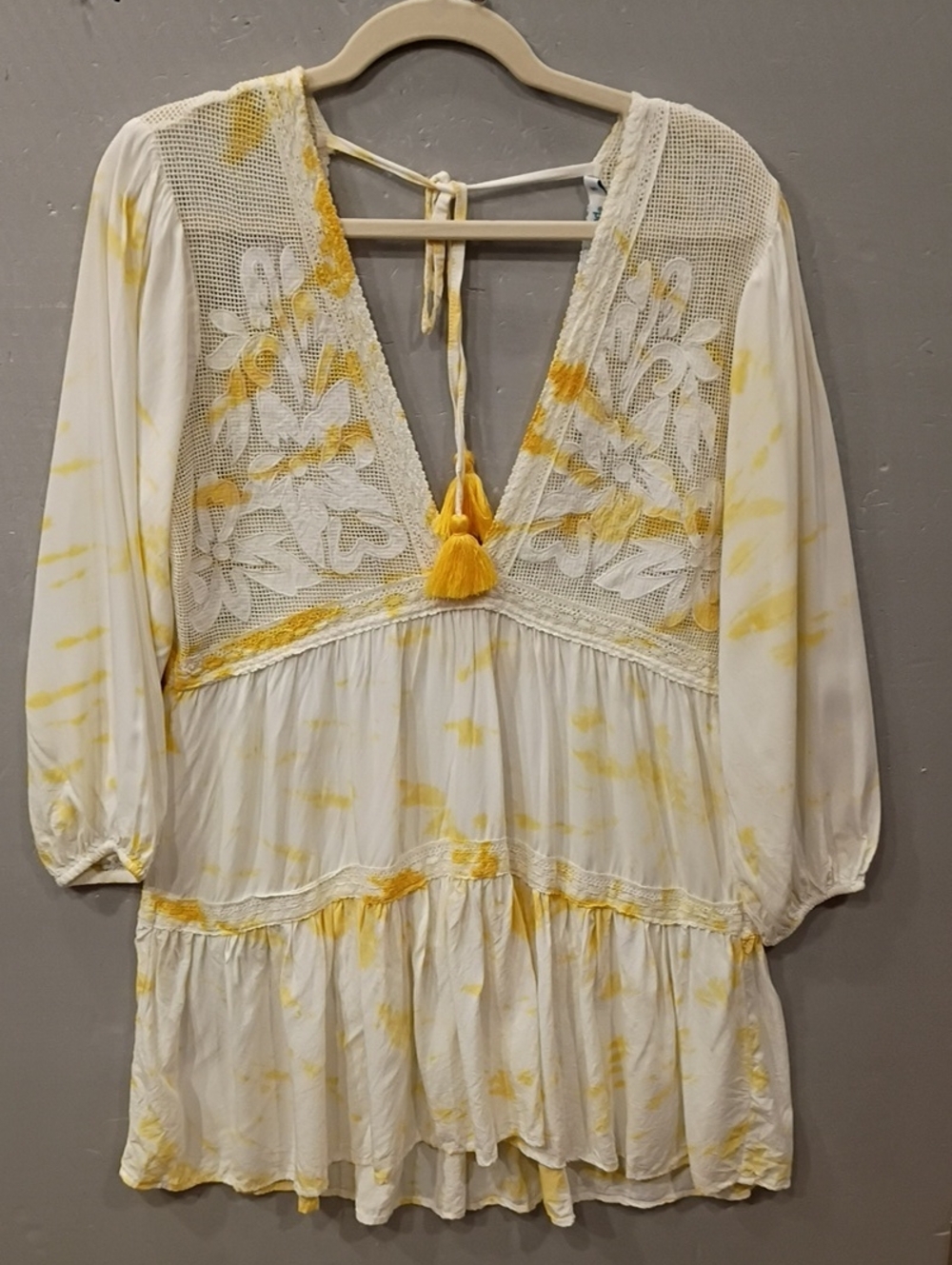 Blue Island S Boho Embroidered V-Neck Mini Dress/ Swim Cover in Yellow White Tie